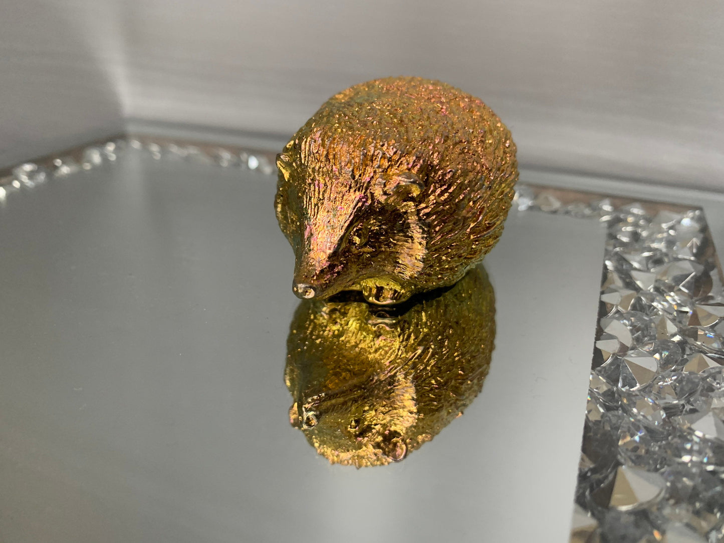 Peach Gold Bismuth Crystal Large Hedgehog Metal Art Sculpture