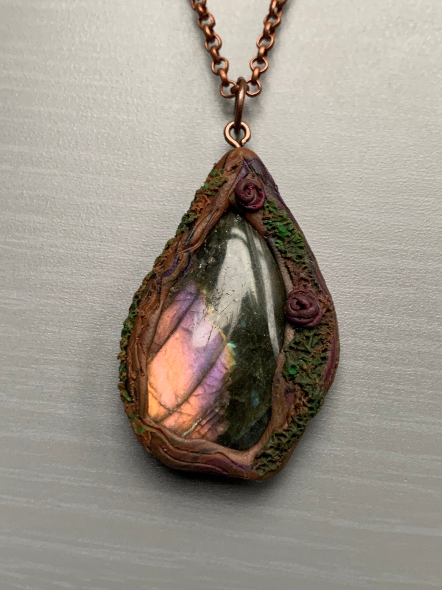 Purple Gold Labradorite Crystal Gemstone Enchanted Rose Forest Clay Pendant Necklace