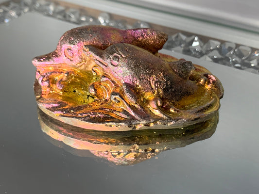 Gold Pink Bismuth Crystal Dolphin Pair Metal Art Sculpture