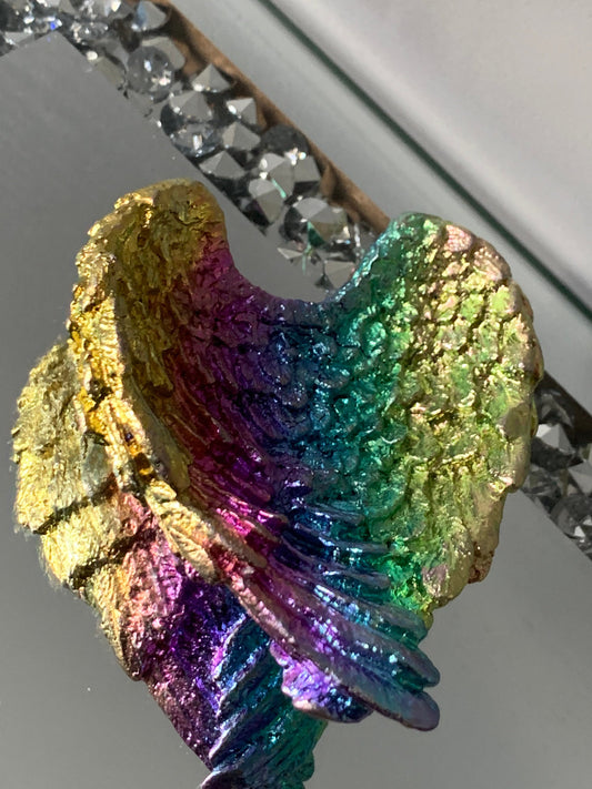 Rainbow Bismuth Crystal Angel Wing Dish / Sphere Holder Metal Art Sculpture