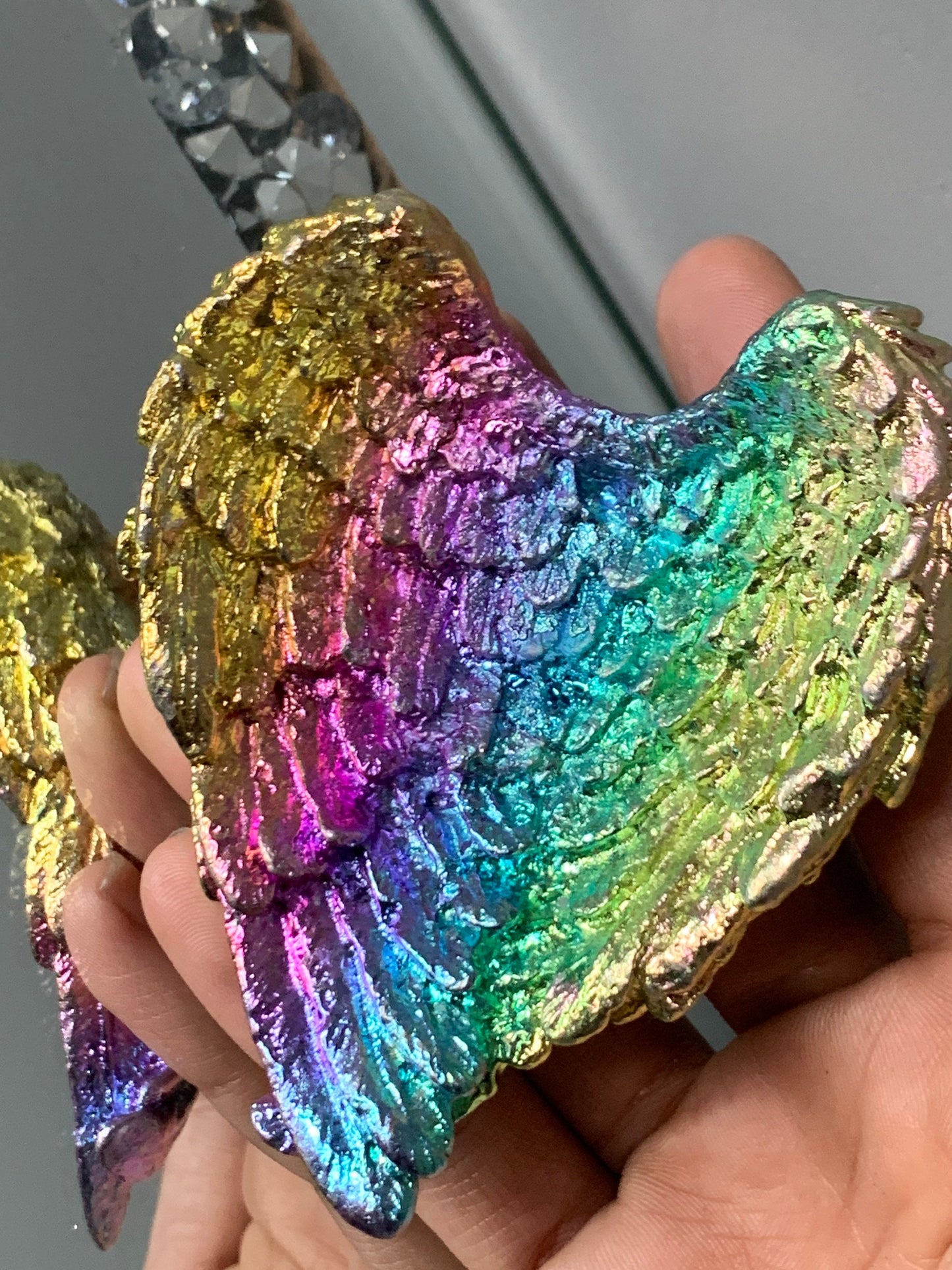 Rainbow Bismuth Crystal Angel Wing Dish / Sphere Holder Metal Art Sculpture