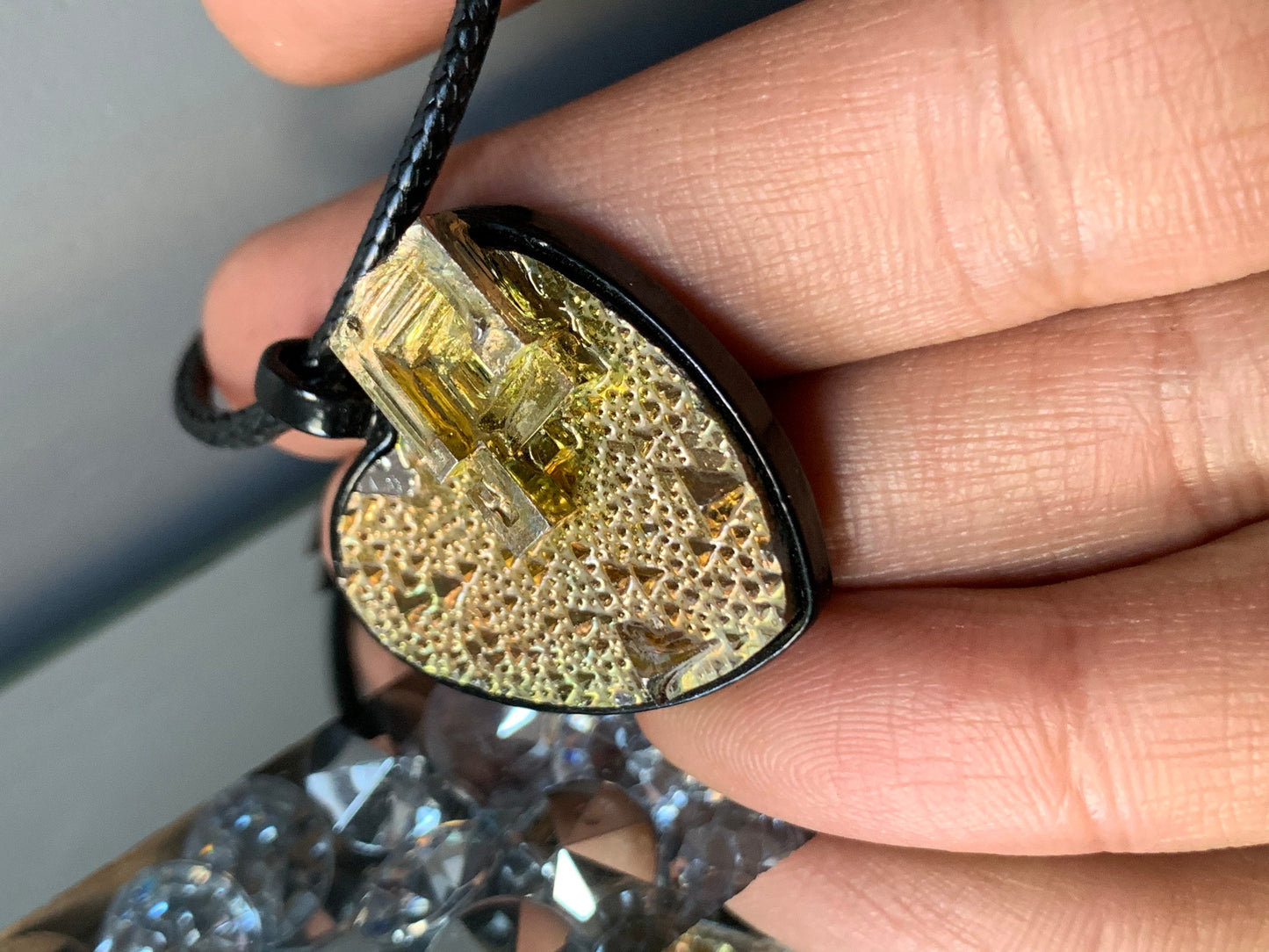 Gold Bismuth Heart Crystal Metal Art Cord Necklace