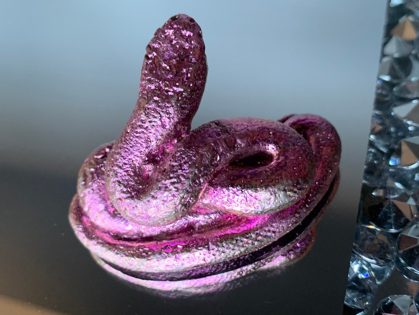 Light Pink Bismuth Crystal Coil Snake Metal Art Sculpture