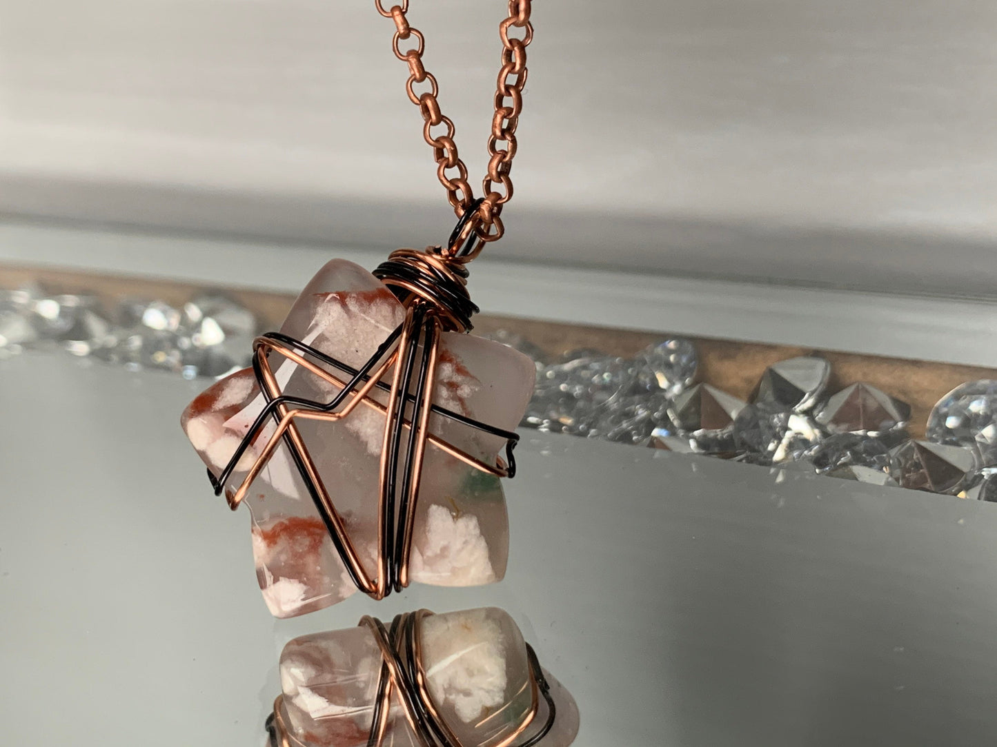 Flower Agate Crystal Gemstone Star Copper Wire Necklace