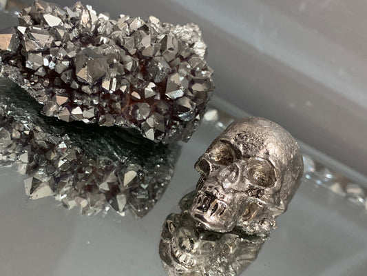 Silver Bismuth Crystal Skull Carving - Metal Art Sculpture Small