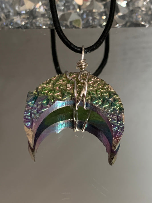 Moon Rainbow Bismuth Crystal Cut Out Metal Art Silver Necklace