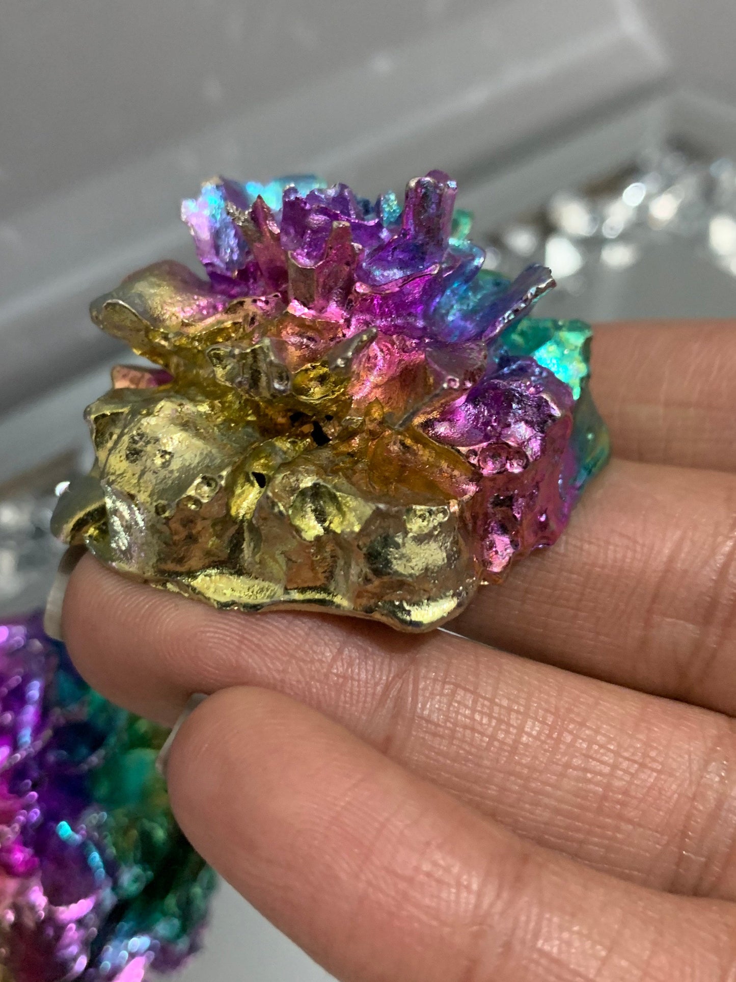Rainbow Bismuth Crystal Rose Flower Metal Art Sculpture - Small
