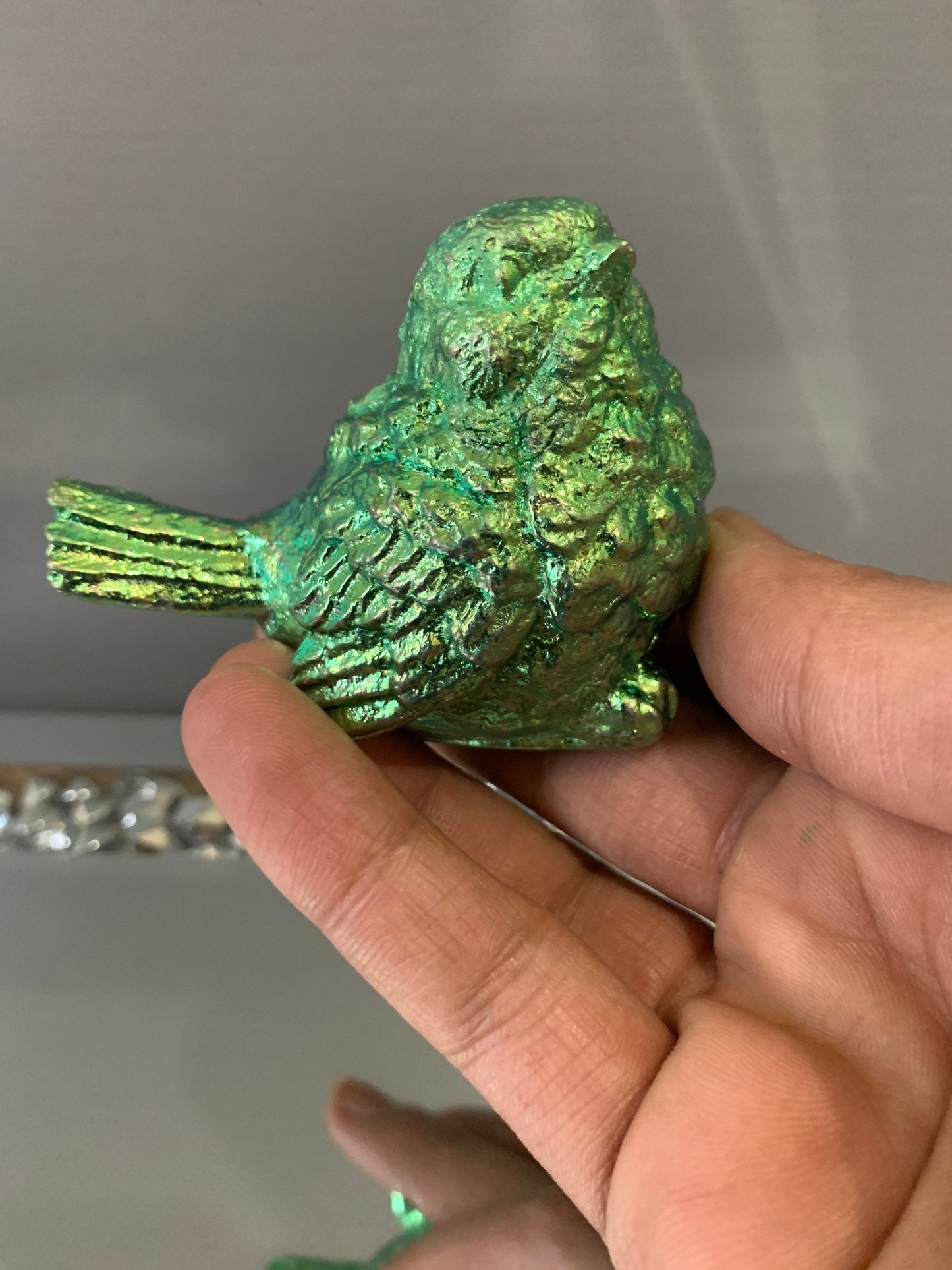 Green Bismuth Crystal Wren Song Bird Metal Art Sculpture