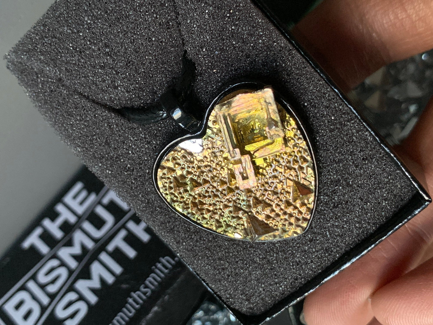 Gold Bismuth Heart Crystal Metal Art Cord Necklace