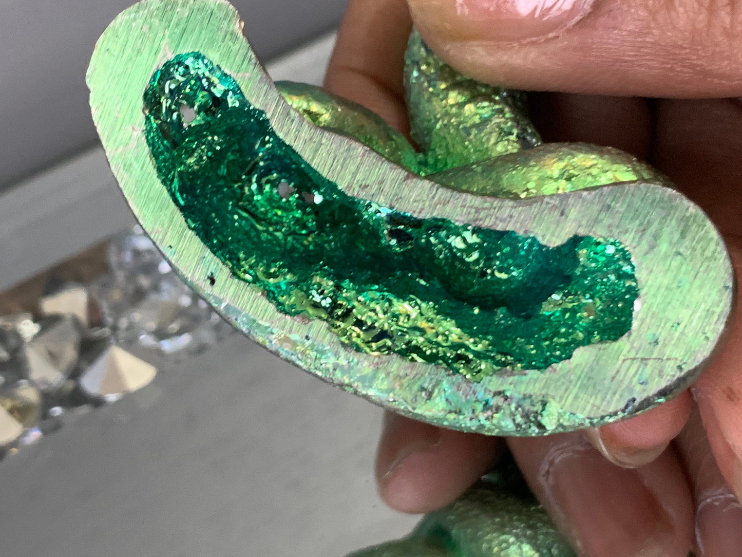Green Bismuth Crystal Coil Snake Metal Art Sculpture