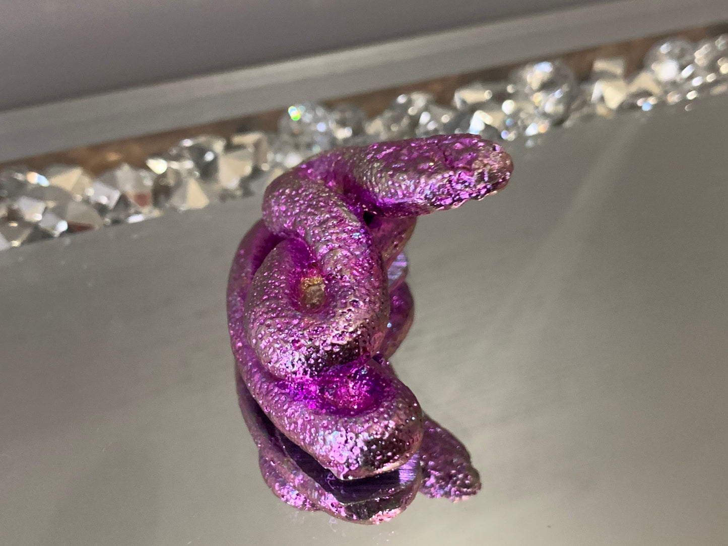 Dark Pink Bismuth Crystal Coil Snake Metal Art Sculpture