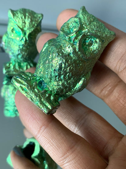 Green Bismuth Crystal Small Owl Metal Art Sculpture