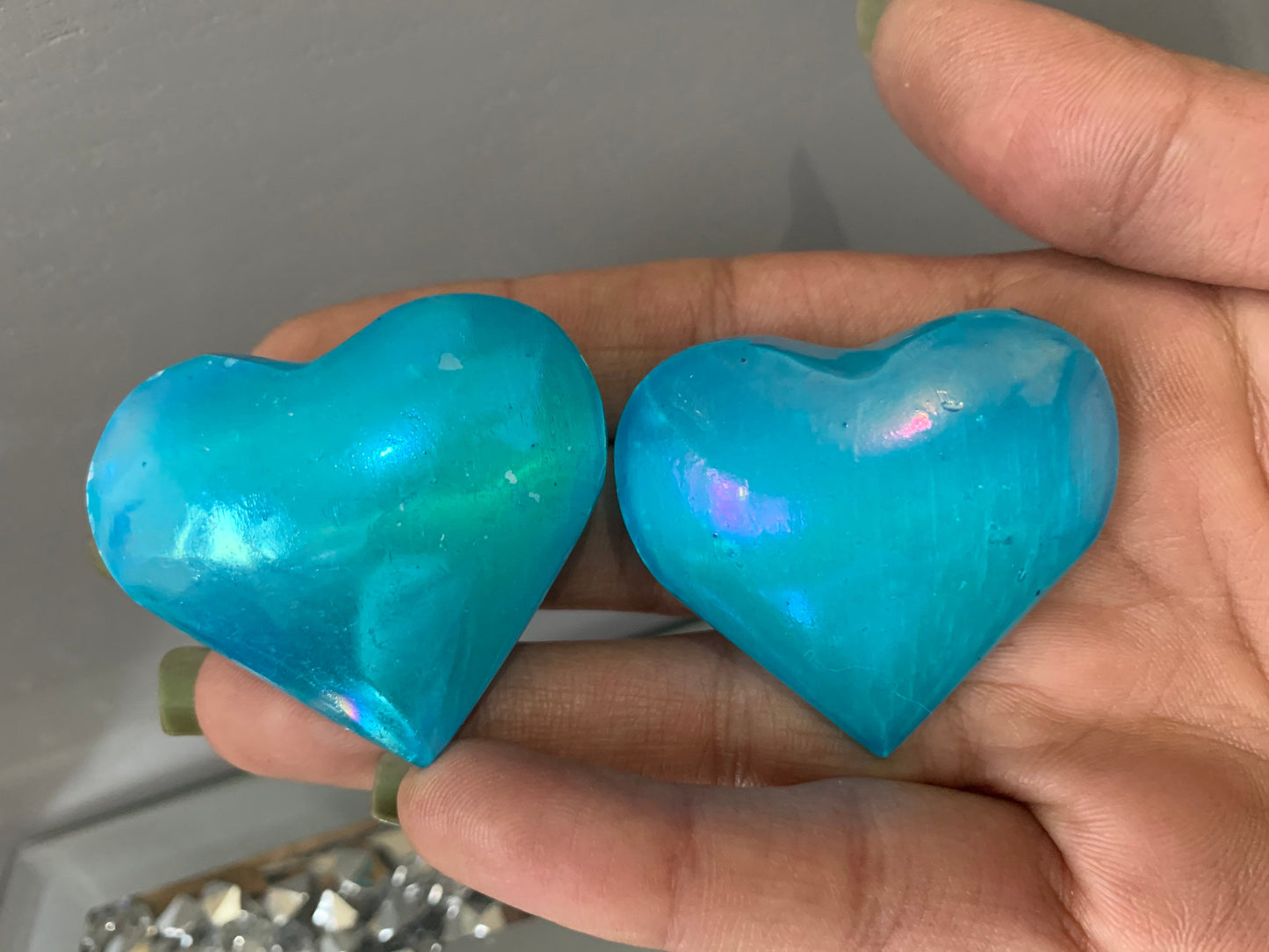 Aqua Blue Aura Coated Selenite Satin Spar Crystal Gemstone Heart Carving
