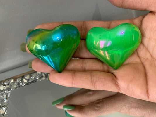 Green Aura Coated Selenite Satin Spar Crystal Gemstone Heart Carving