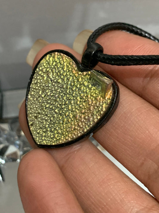 Lime Gold Bismuth Crystal Metal Art Cord Necklace HEART