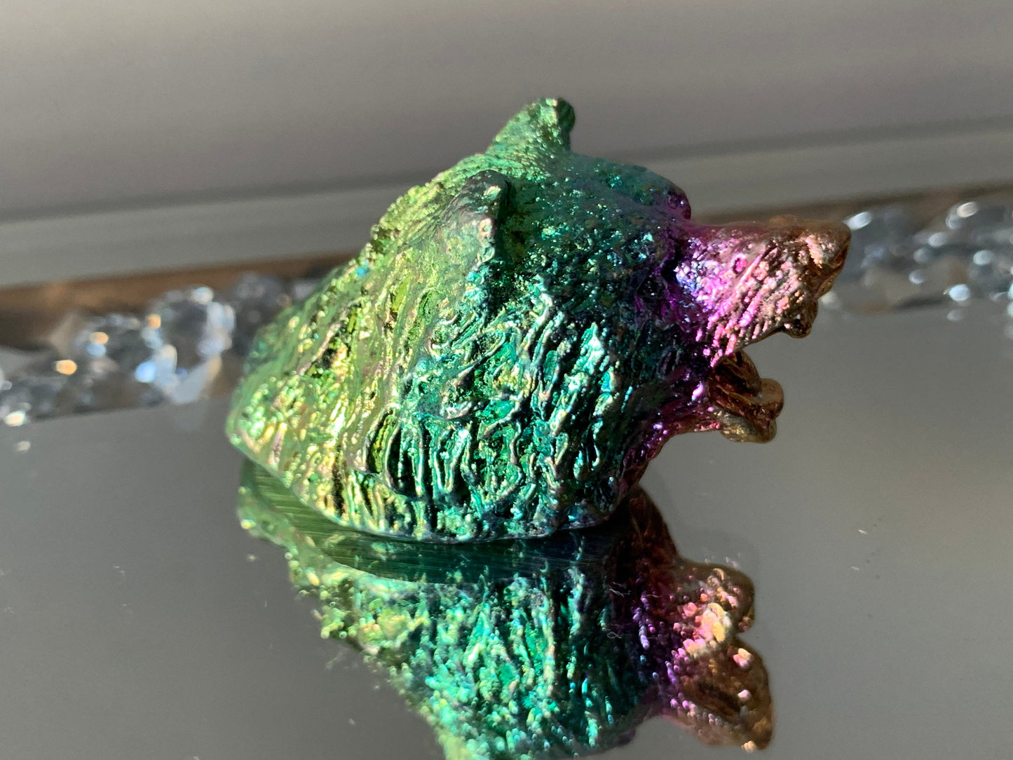 Rainbow Bismuth Crystal Bear Head Metal Art Sculpture