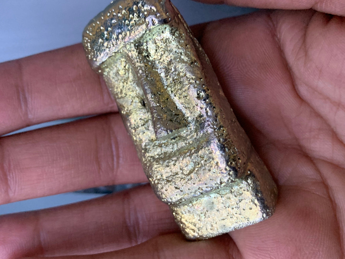 Gold Bismuth Crystal Moai Head Easter Island Metal Art Sculpture