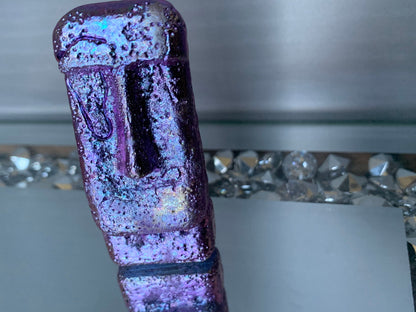 Purple Bismuth Crystal Moai Head Easter Island Metal Art Sculpture