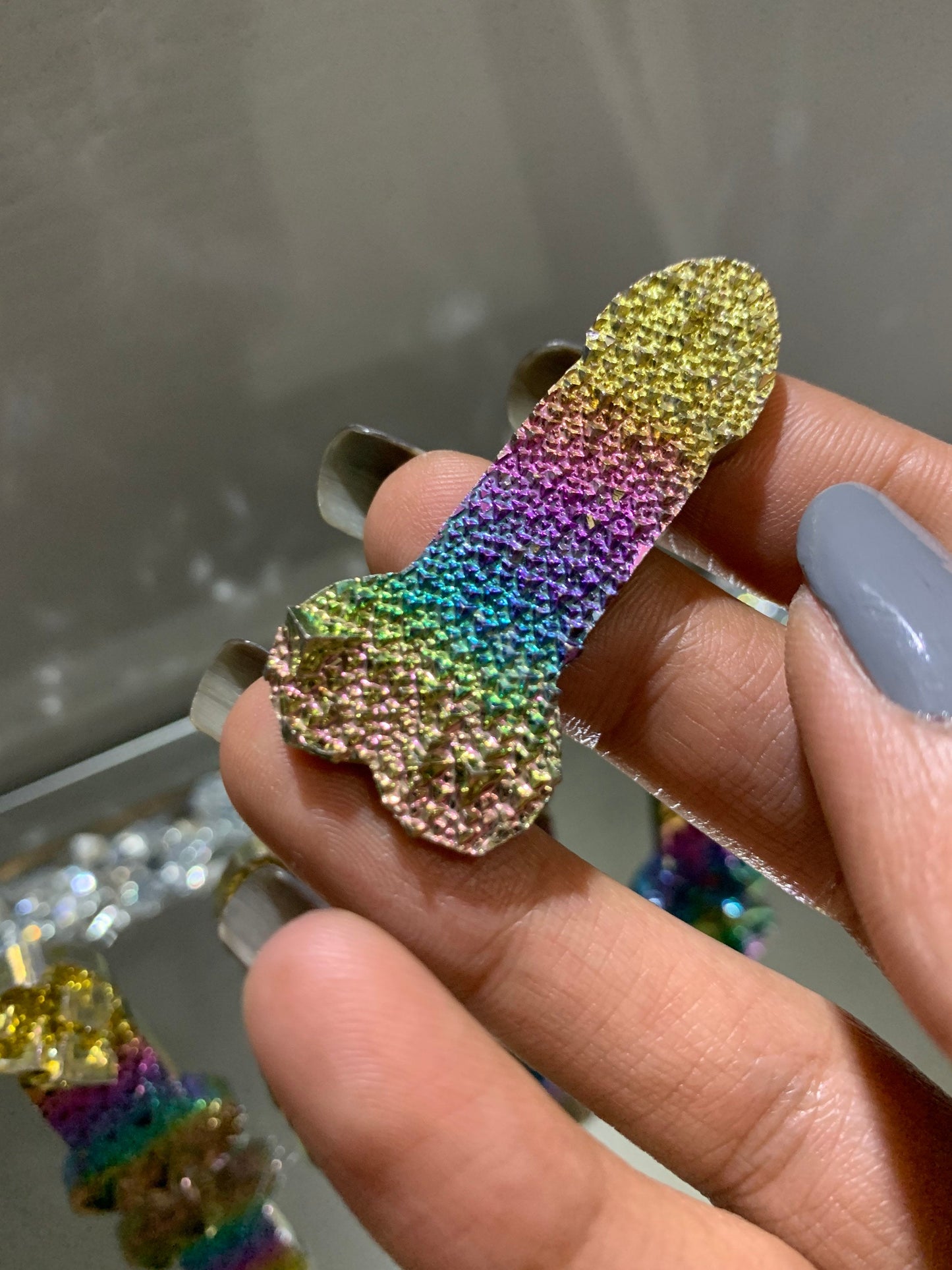 Rainbow Bismuth Crystal Penis Phallus Cut Out Metal Art