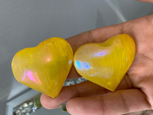 Yellow Aura Coated Selenite Satin Spar Crystal Gemstone Heart Carving