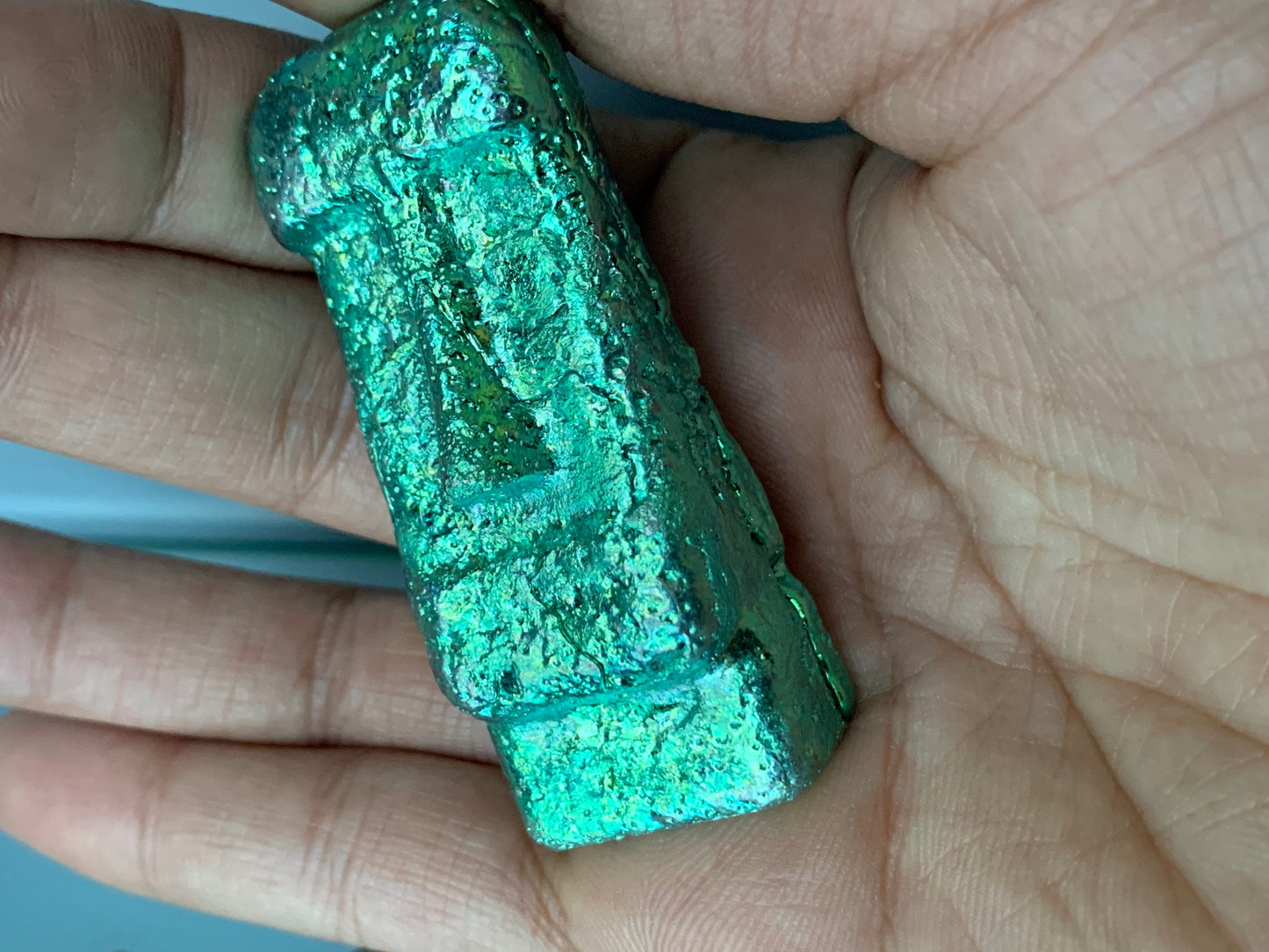 Teal Green Bismuth Crystal Moai Head Easter Island Metal Art Sculpture