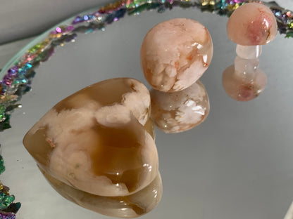 Flower Cherry Blossom Agate Gemstone Crystal Set - Mini Mushroom Tumbled Stone & Heart