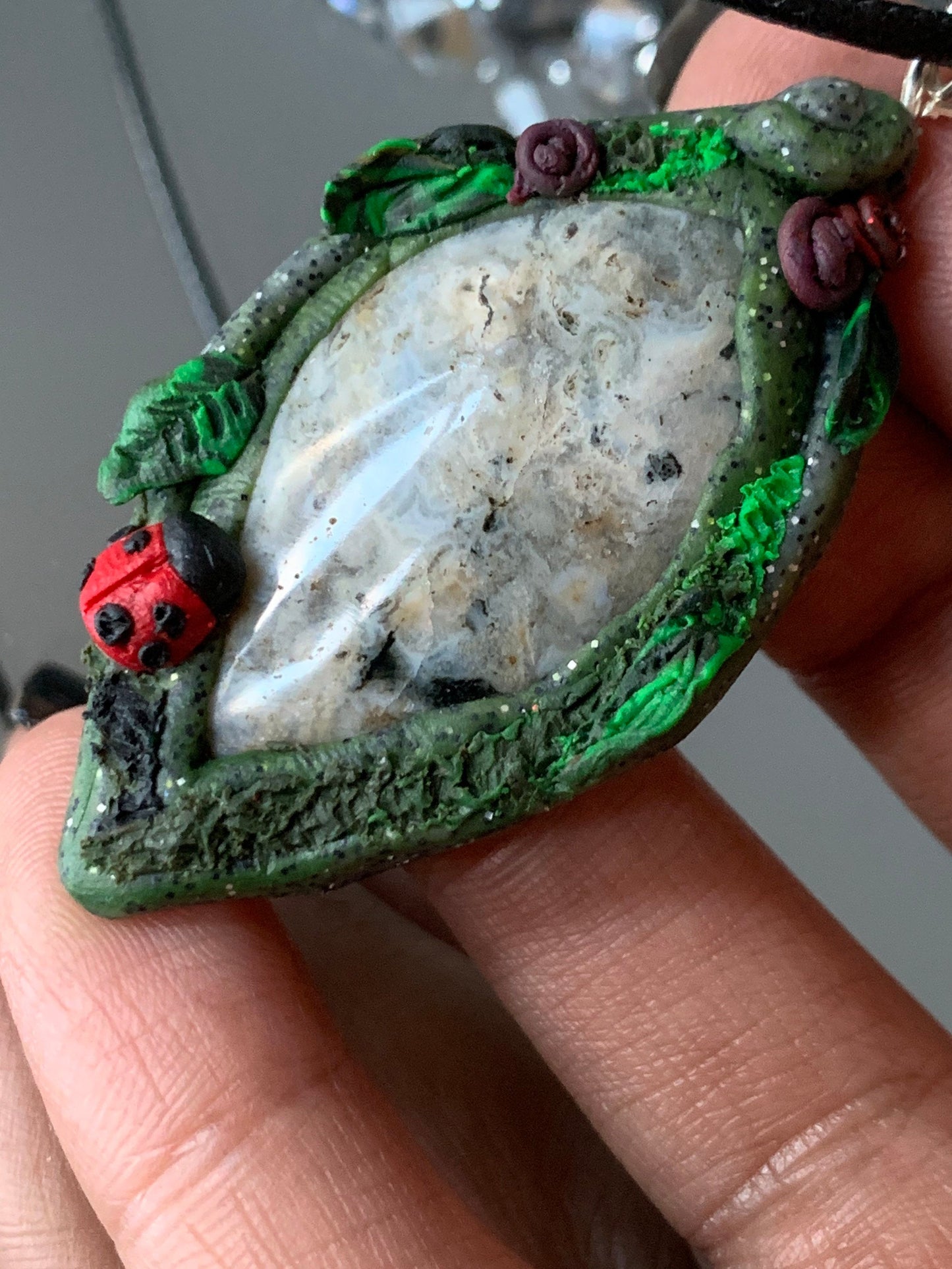 Ocean Jasper Gemstone Crystal Enchanted Garden - Ladybug Necklace - Oval