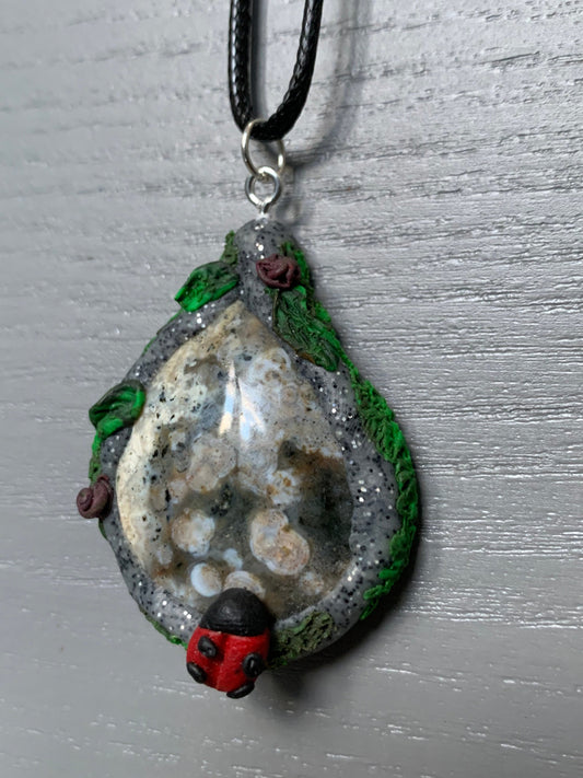 Ocean Jasper Gemstone Crystal Enchanted Garden - Ladybug Necklace - Drop