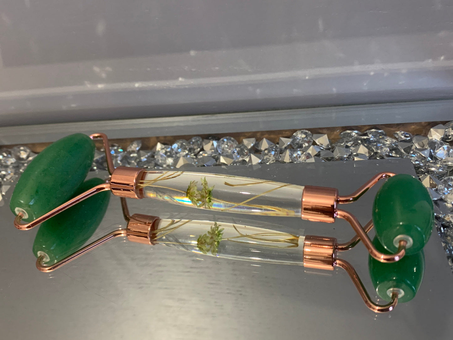 Green Aventurine Crystal Gemstone Massage Roller Wand Pressed Resin Flower — Self-Care Tool