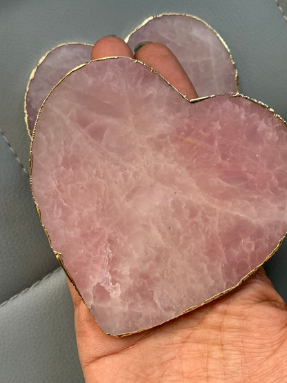 Rose Quartz Crystal Gemstone Gold Electroplated Coaster Set Of Two Heart