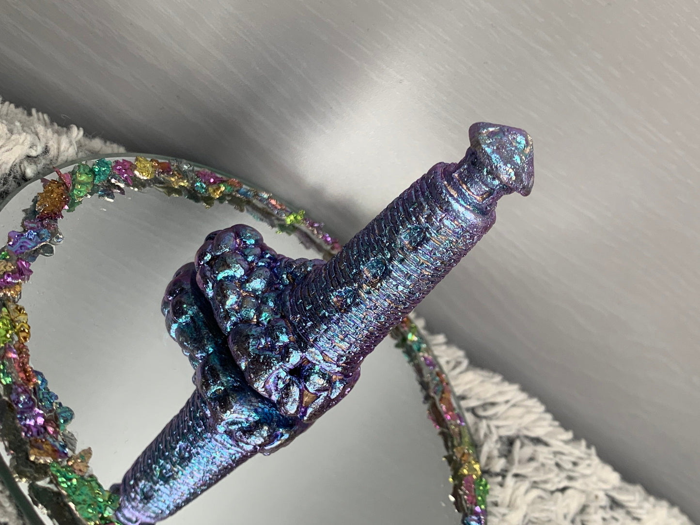 Purple Blue Bismuth Crystal Lighthouse Metal Art Sculpture
