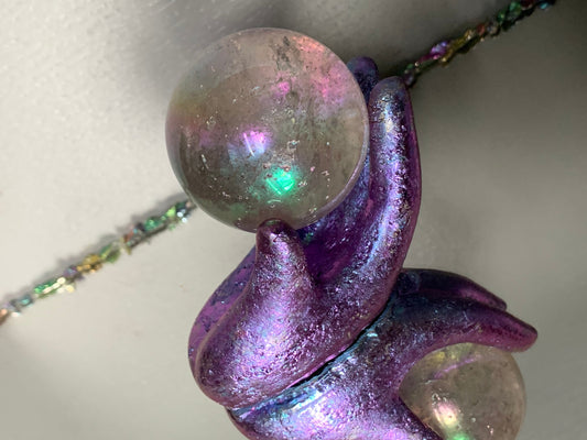 Purple Bismuth Crystal Hand Sphere Holder Metal Art Sculpture