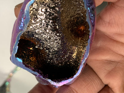Purple Bismuth Crystal Hand Sphere Holder Metal Art Sculpture
