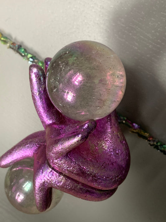 Pink Bismuth Crystal Hand Sphere Holder Metal Art Sculpture