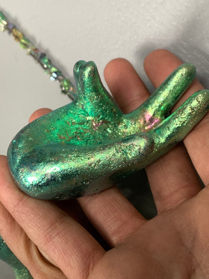 Green Bismuth Crystal Hand Sphere Holder Metal Art Sculpture