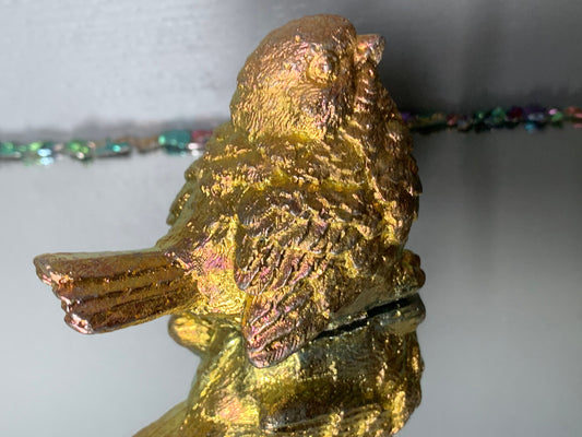 Gold Peach Bismuth Crystal Wren Song Bird Metal Art Sculpture