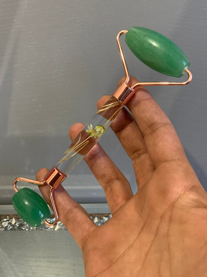 Green Aventurine Crystal Gemstone Massage Roller Wand Pressed Resin Flower — Self-Care Tool