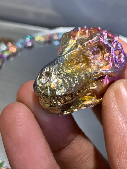 Pink Purple Gold Bismuth Crystal Small T. rex Skull Metal Art Sculpture