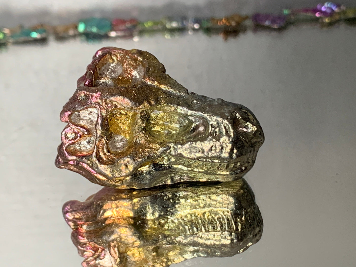 Pink Gold Silver Bismuth Crystal Small Trex Skull Metal Art Sculpture