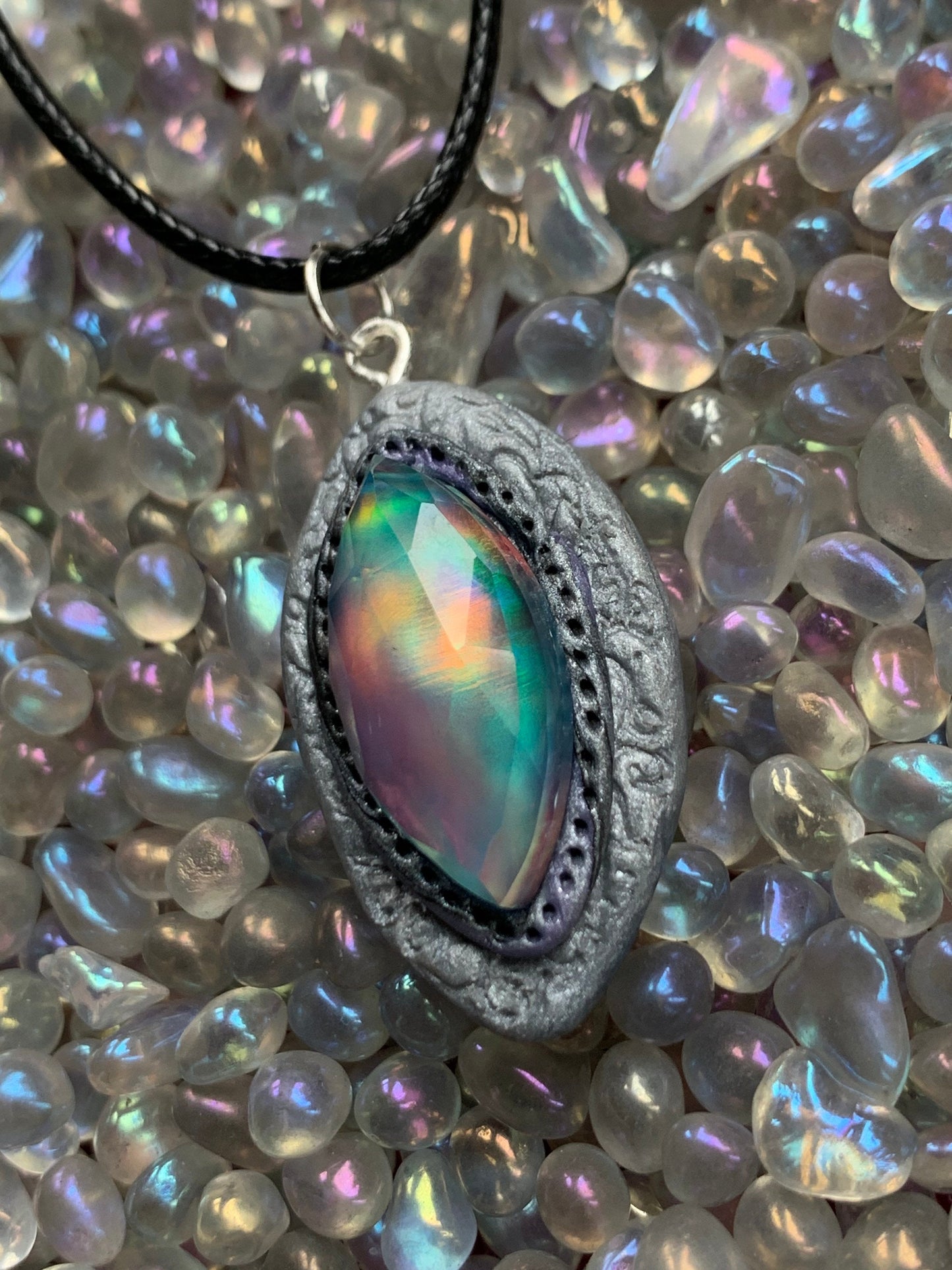 Aurora Opal Doublet Crystal Gemstone - Silver Oval - Necklace
