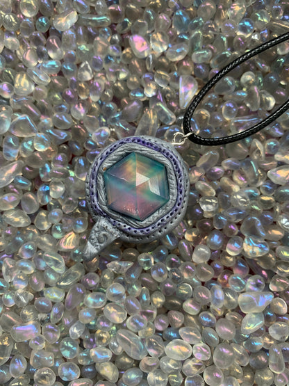 Aurora Opal Doublet Crystal Gemstone - Silver Lilac Hexagonal Dome - Necklace