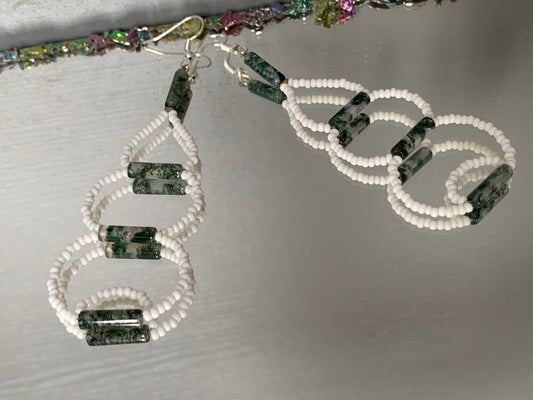 Moss Agate Gemstone Crystal White Weave Beaded Statement Earrings