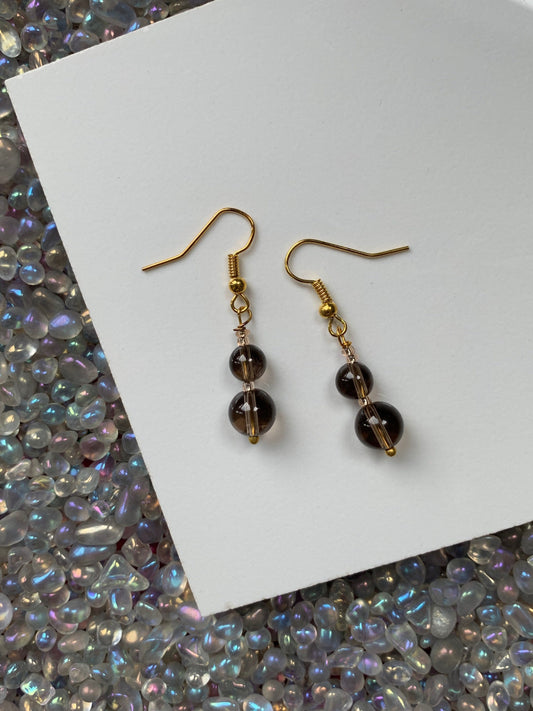 Smoky Quartz Gemstone Crystal Bead - Gold Drop Earrings
