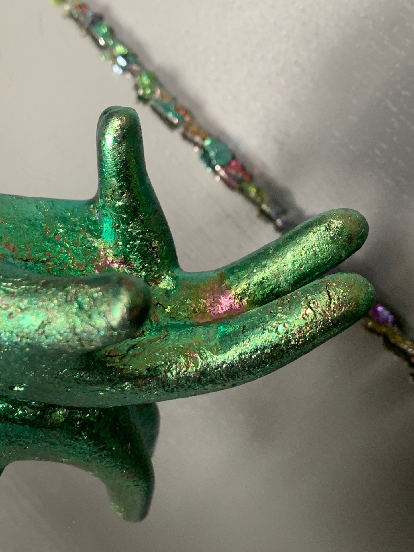Green Bismuth Crystal Hand Sphere Holder Metal Art Sculpture