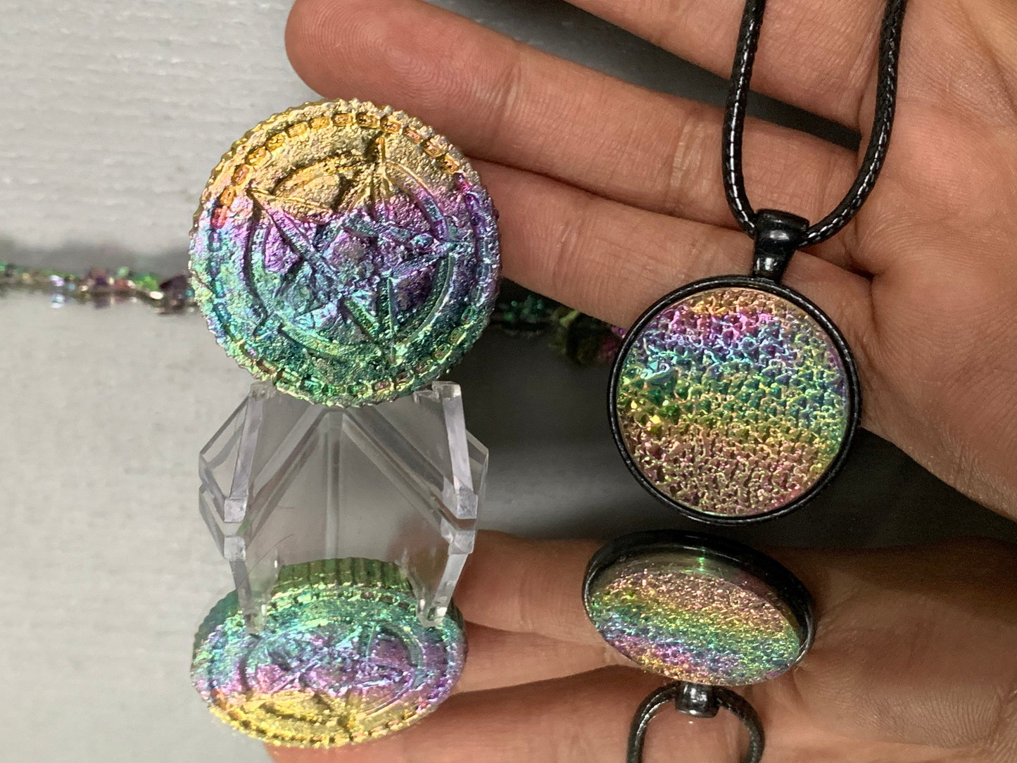 Rainbow Bismuth Crystal Cord Necklace & Pentagram Coin Set