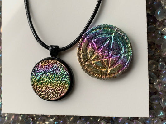 Rainbow Bismuth Crystal Cord Necklace & Pentagram Coin Set