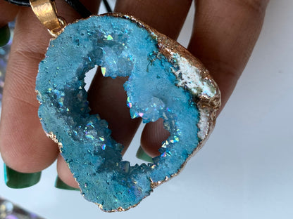 Blue Druzy Aura Quartz Geode Slice Crystal Pendant Necklace