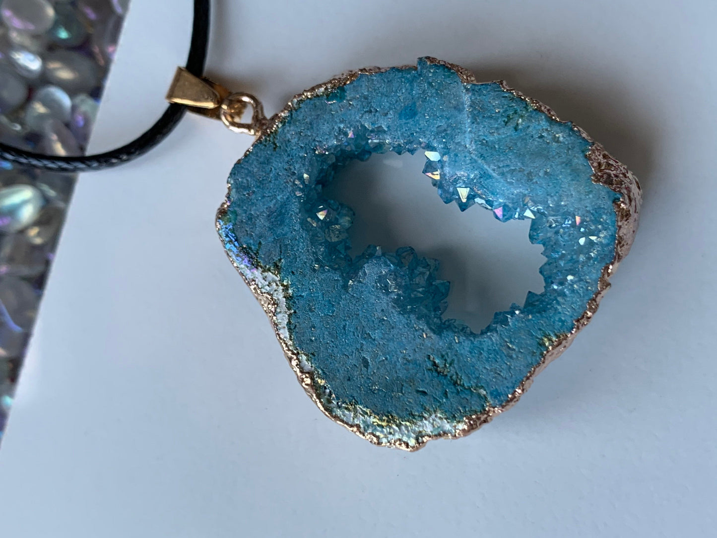 Blue Druzy Aura Quartz Geode Slice Crystal Pendant Necklace