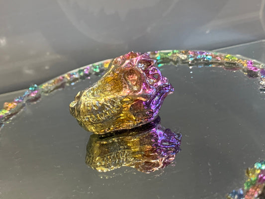 Pink Purple Gold Bismuth Crystal Small T. rex Skull Metal Art Sculpture