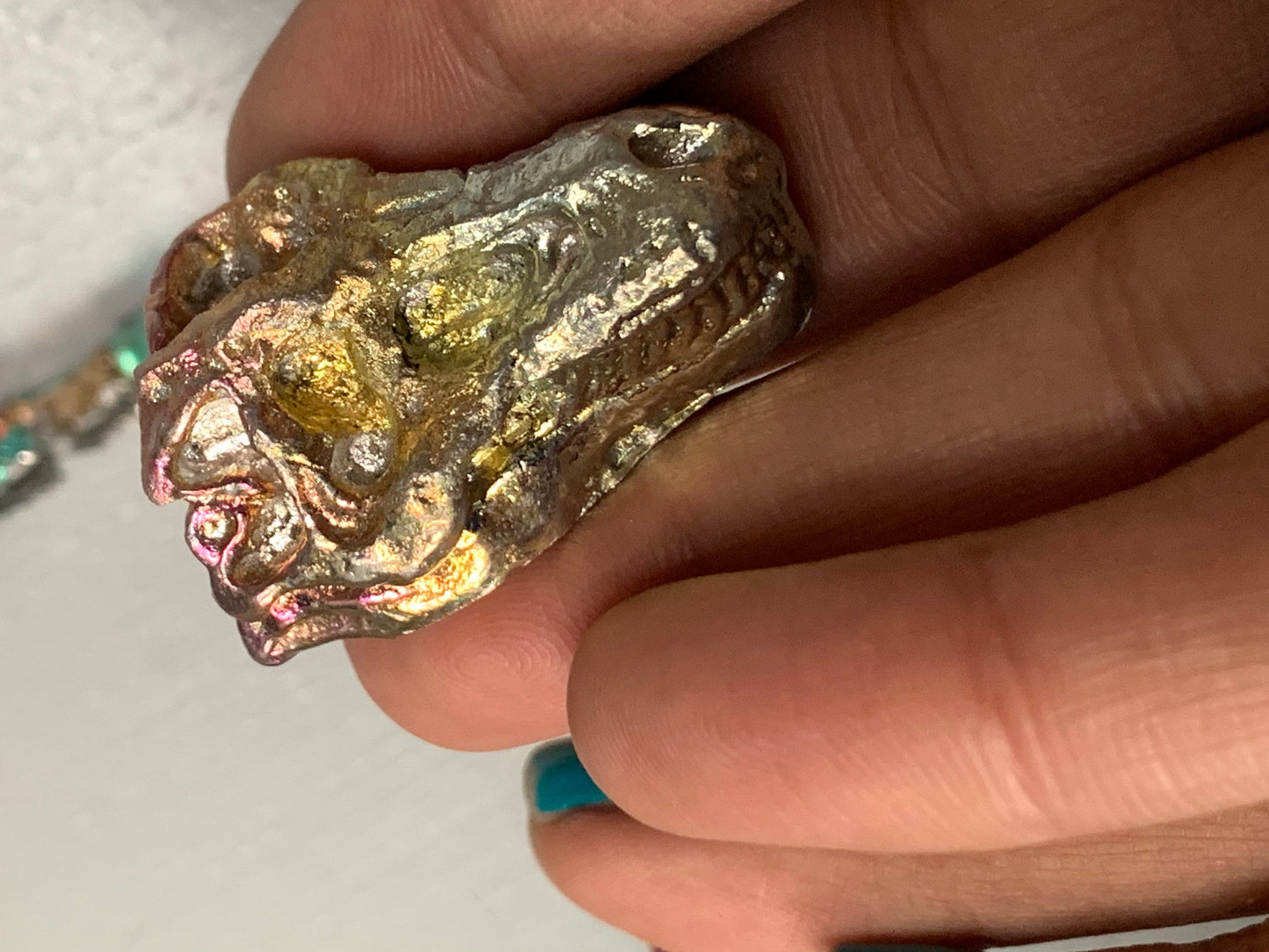 Pink Gold Silver Bismuth Crystal Small Trex Skull Metal Art Sculpture